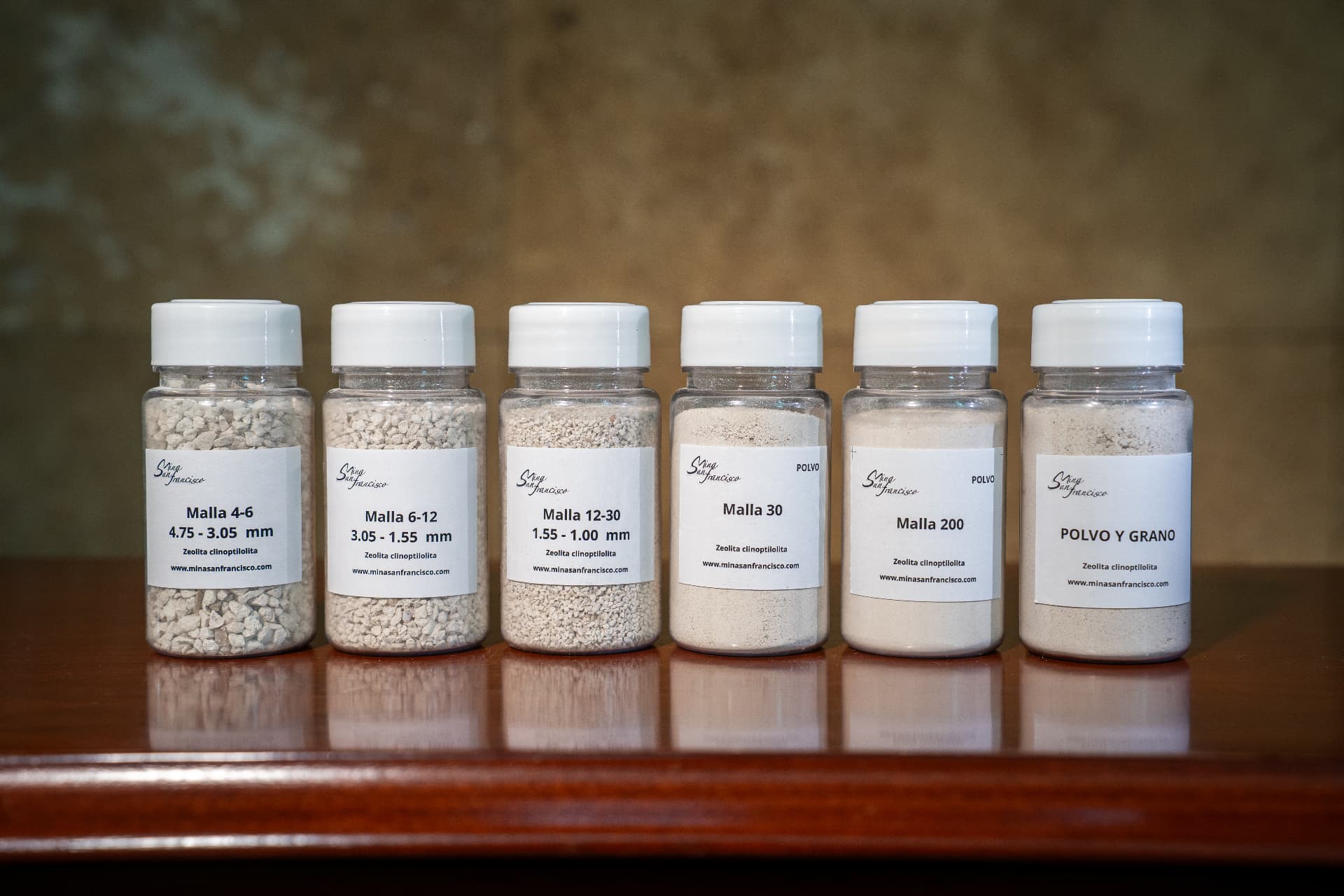 muestras de zeolita clinoptilolita en seis granulometrías